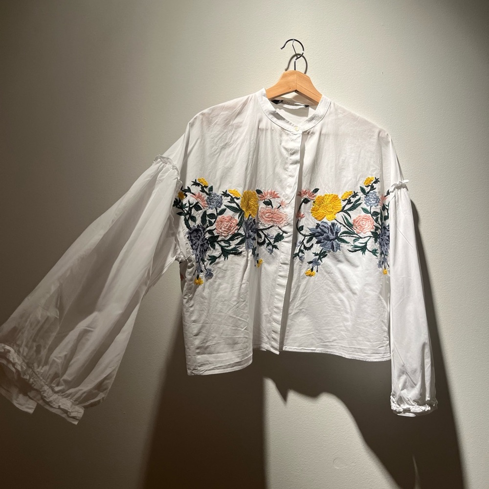 Zara Cotton Embroidered Button Up Blouse